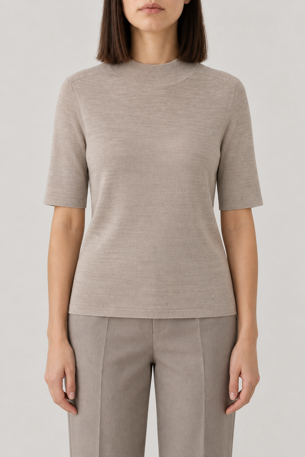 Merino Short-Sleeve Turtleneck Sweater, Light Taupe, front