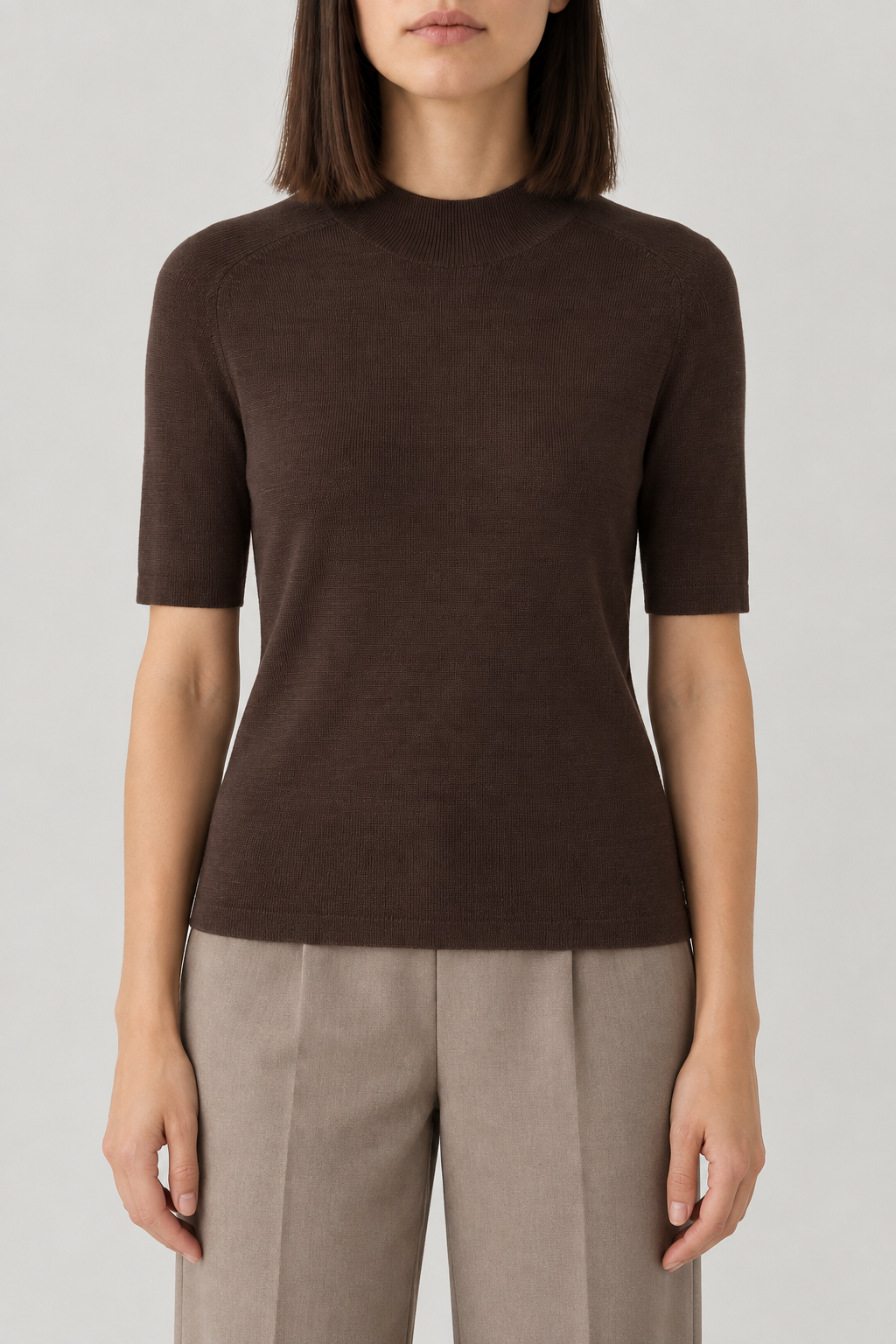Merino Short-Sleeve Turtleneck Sweater, Espresso Brown, front
