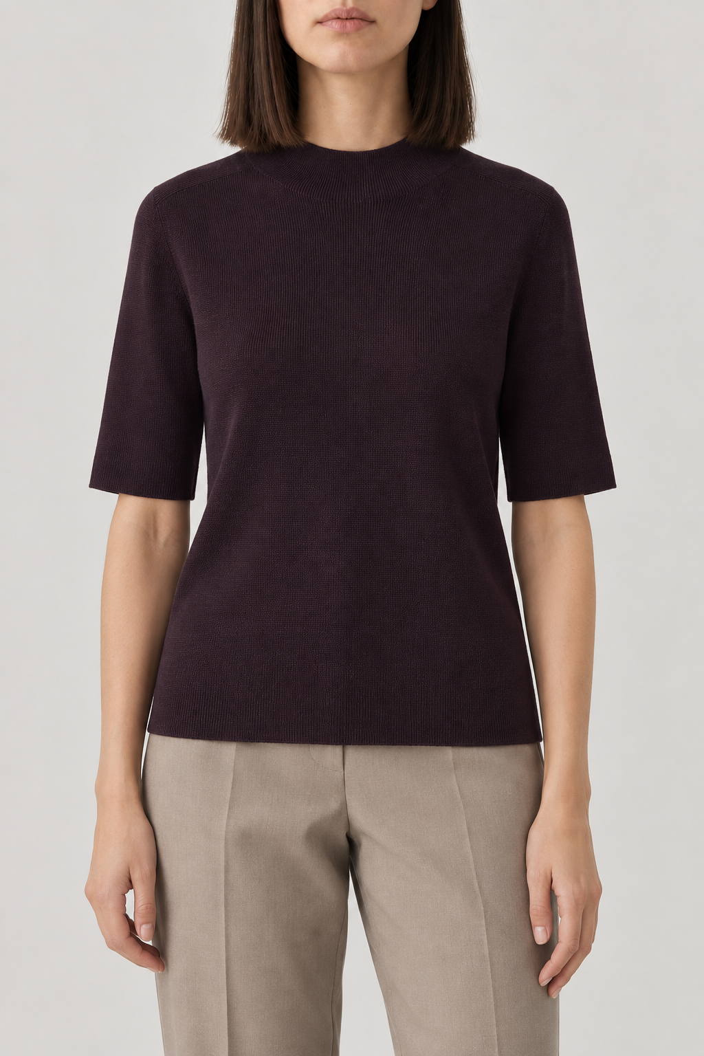 Merino Short-Sleeve Turtleneck Sweater, Aubergine, front