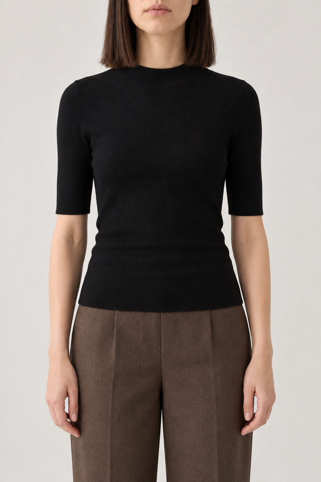 Merino Short-Sleeve Turtleneck Sweater, Black, front