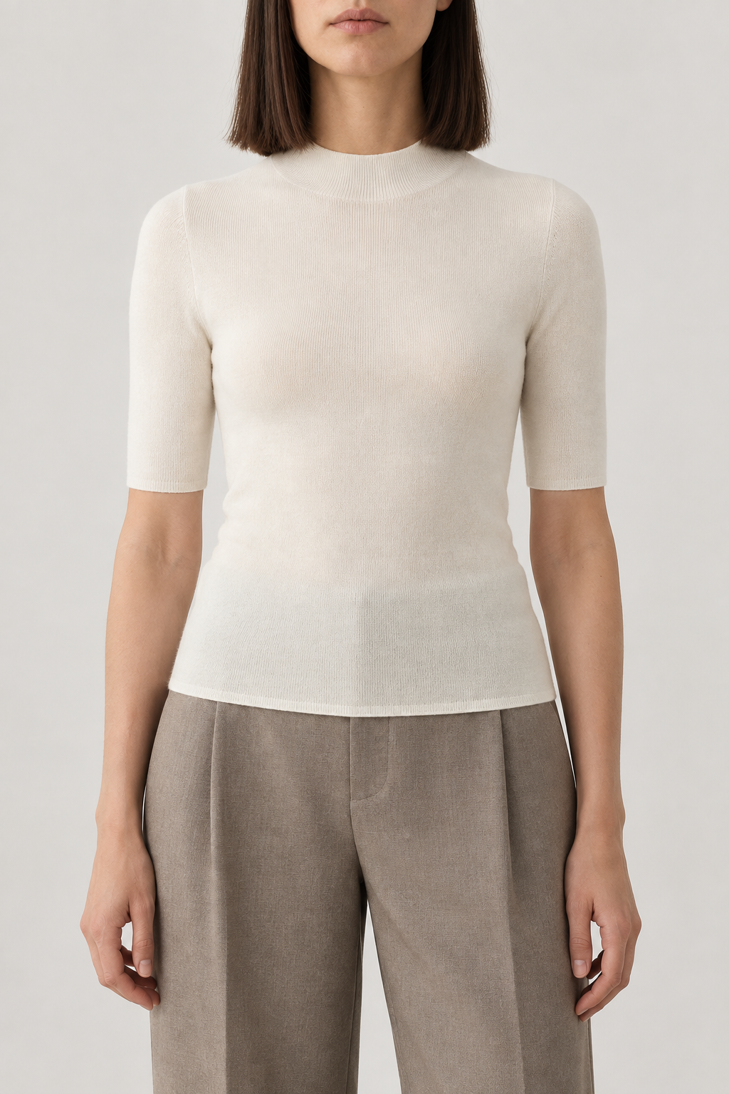 Merino Short-Sleeve Turtleneck Sweater, Ivory White, front