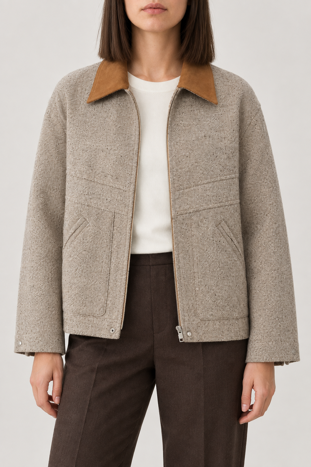 Merino Suede-Collar Jacket, Oatmeal Taupe, front