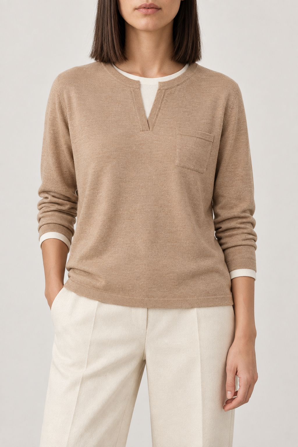 Merino Layered-Look Sweater, Earth Camel, front