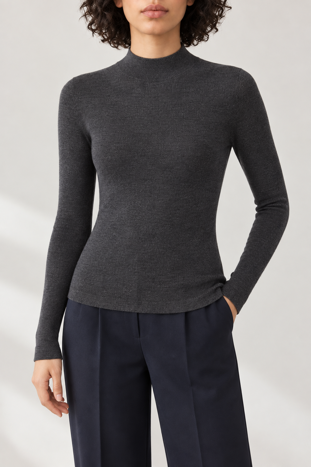Merino Slim Mockneck Sweater, Charcoal, front