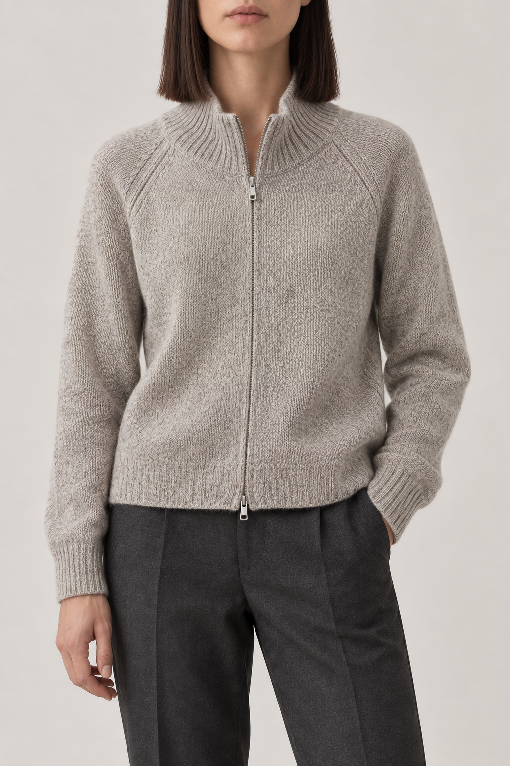 Marl Zip Cardigan, Oatmeal grey marl, front