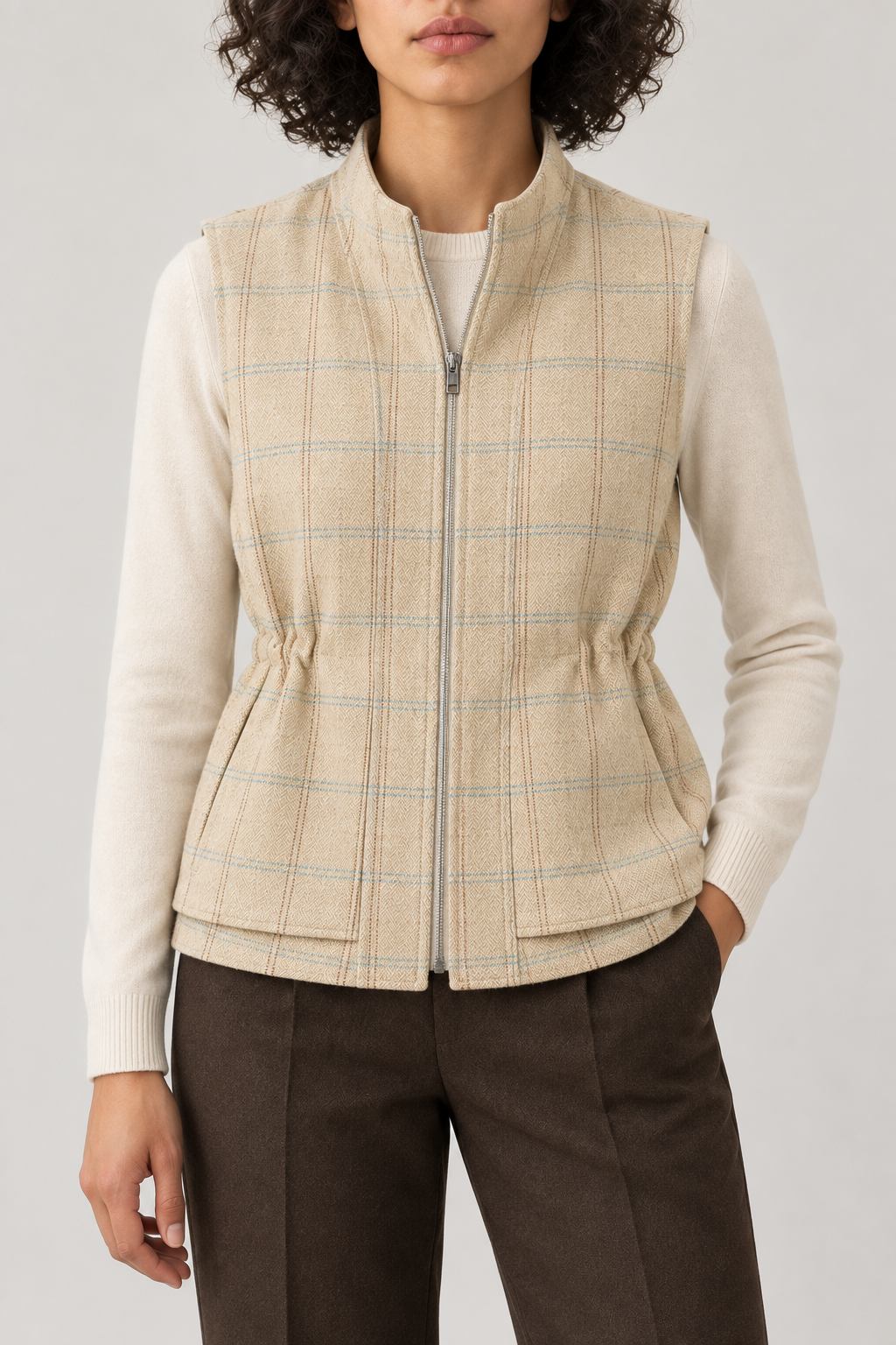 Merino Stand-Collar Zip Vest, Camel Plaid, front