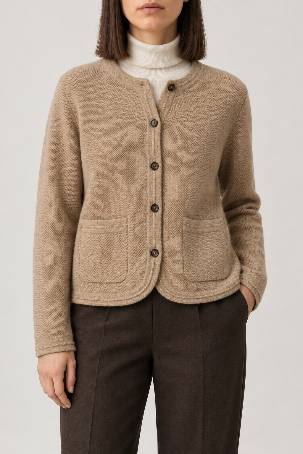 Cashmere Collarless Cardigan, Camel Beige, front