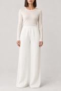 Merino High-Waist Wide-Leg Trousers, White, front