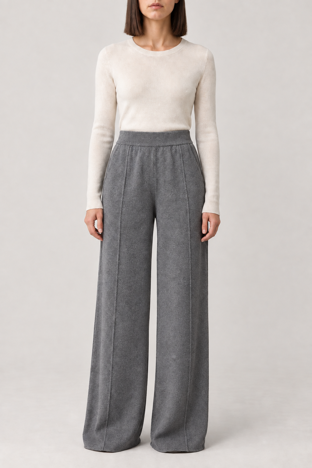 Merino High-Waist Wide-Leg Trousers, Heather Grey, front