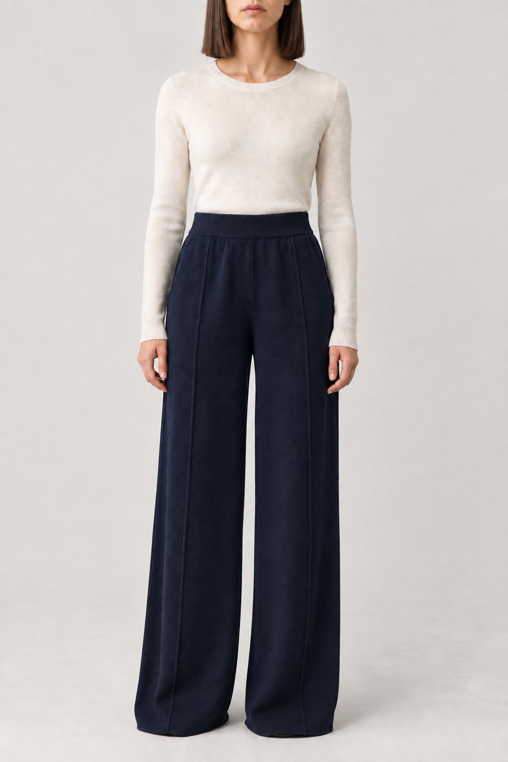 Merino High-Waist Wide-Leg Trousers, Navy, front