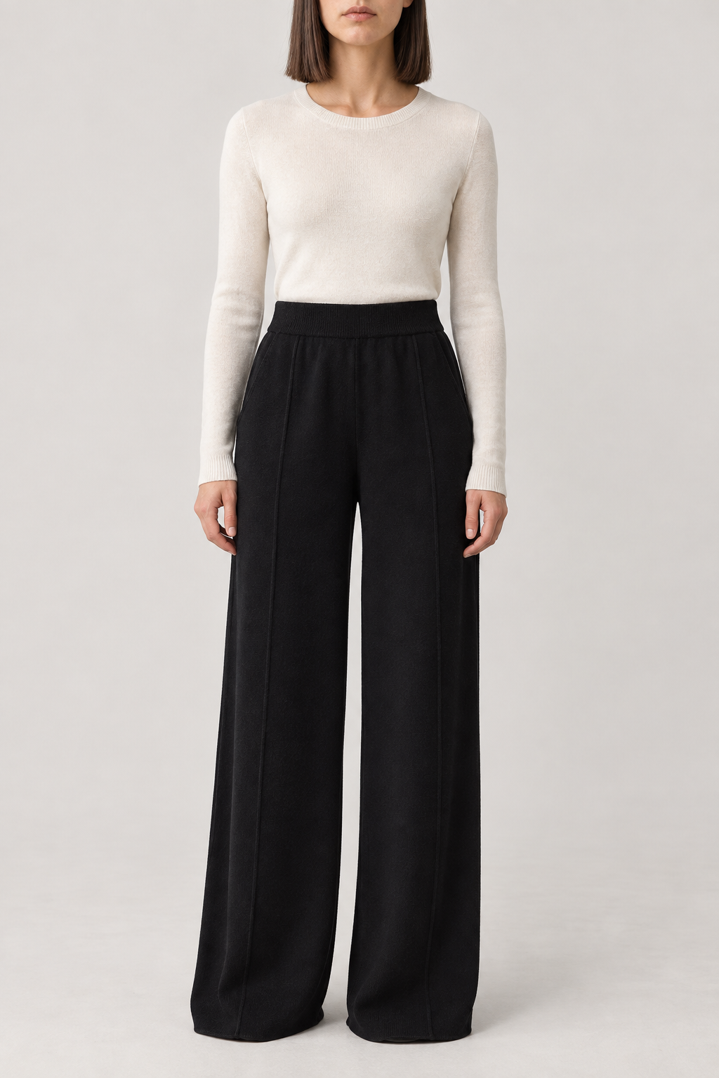 Merino High-Waist Wide-Leg Trousers, Black, front
