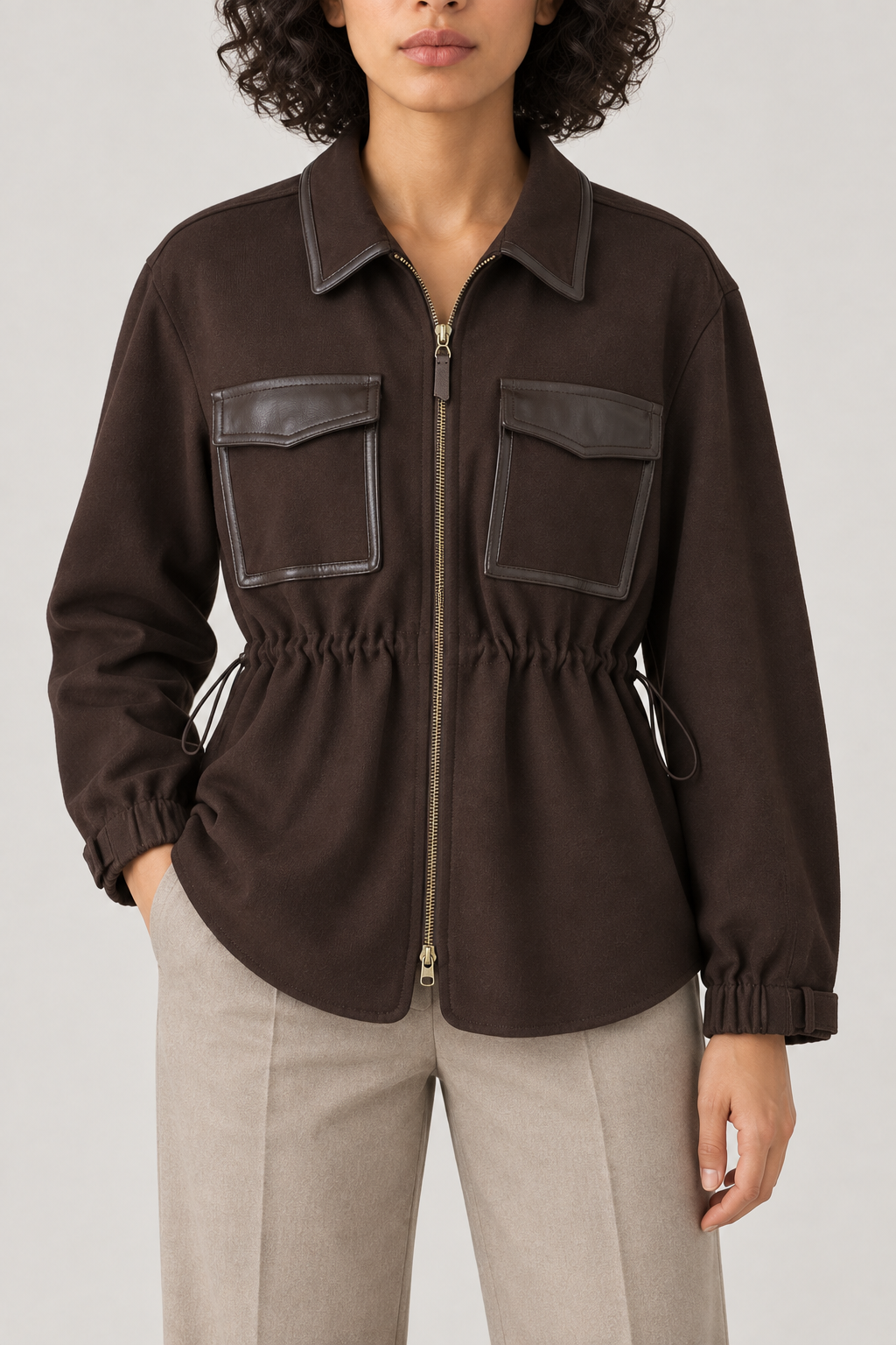 Merino Leather-Trim Shirt Jacket, Chocolate Brown, front