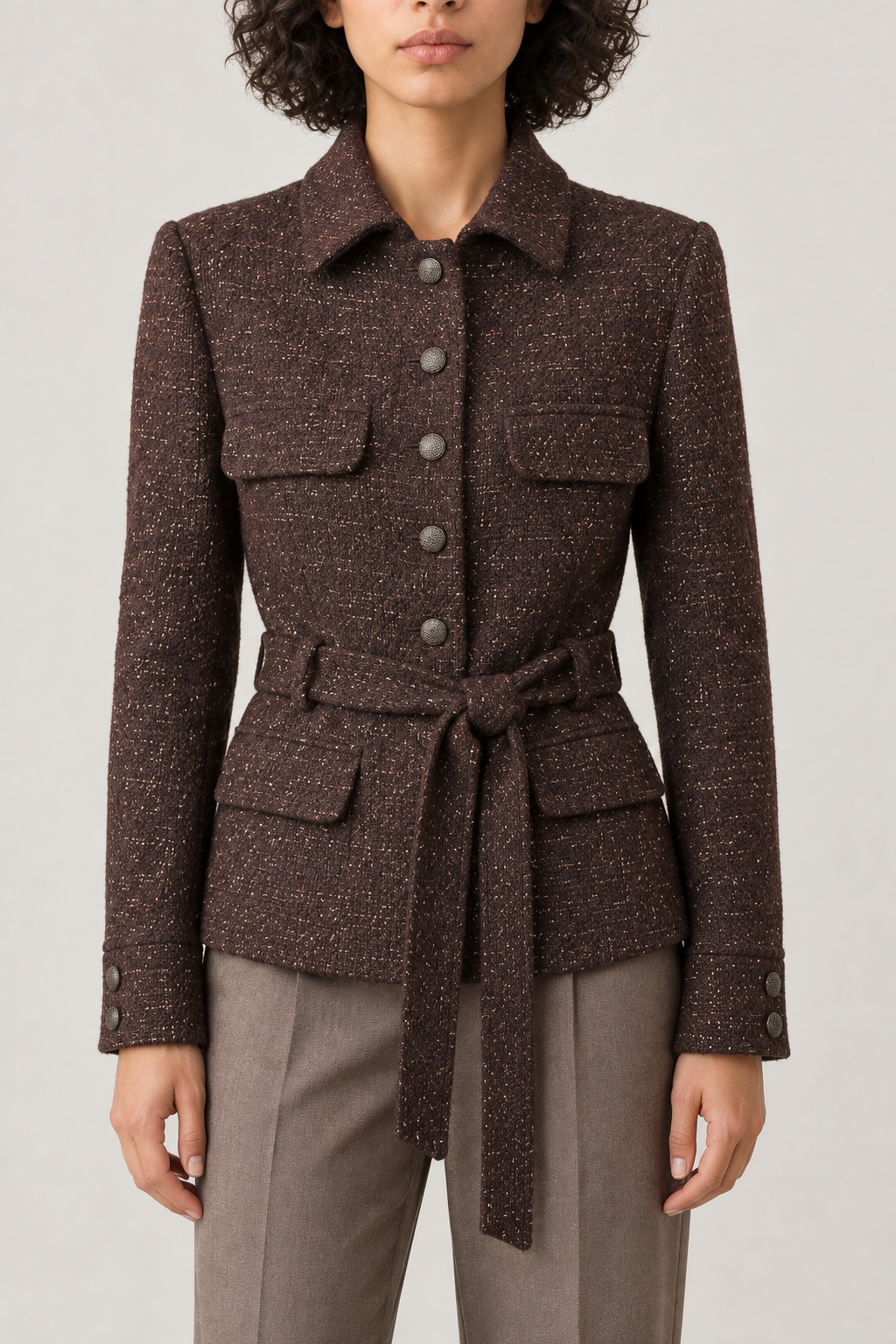 Cashmere Belted Tweed Jacket, Port Wine, front
