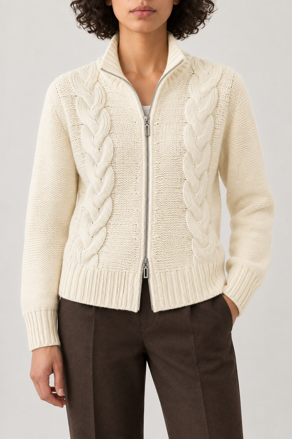 Cashmere Cable-Knit Zip Jacket, Warm Ivory, front