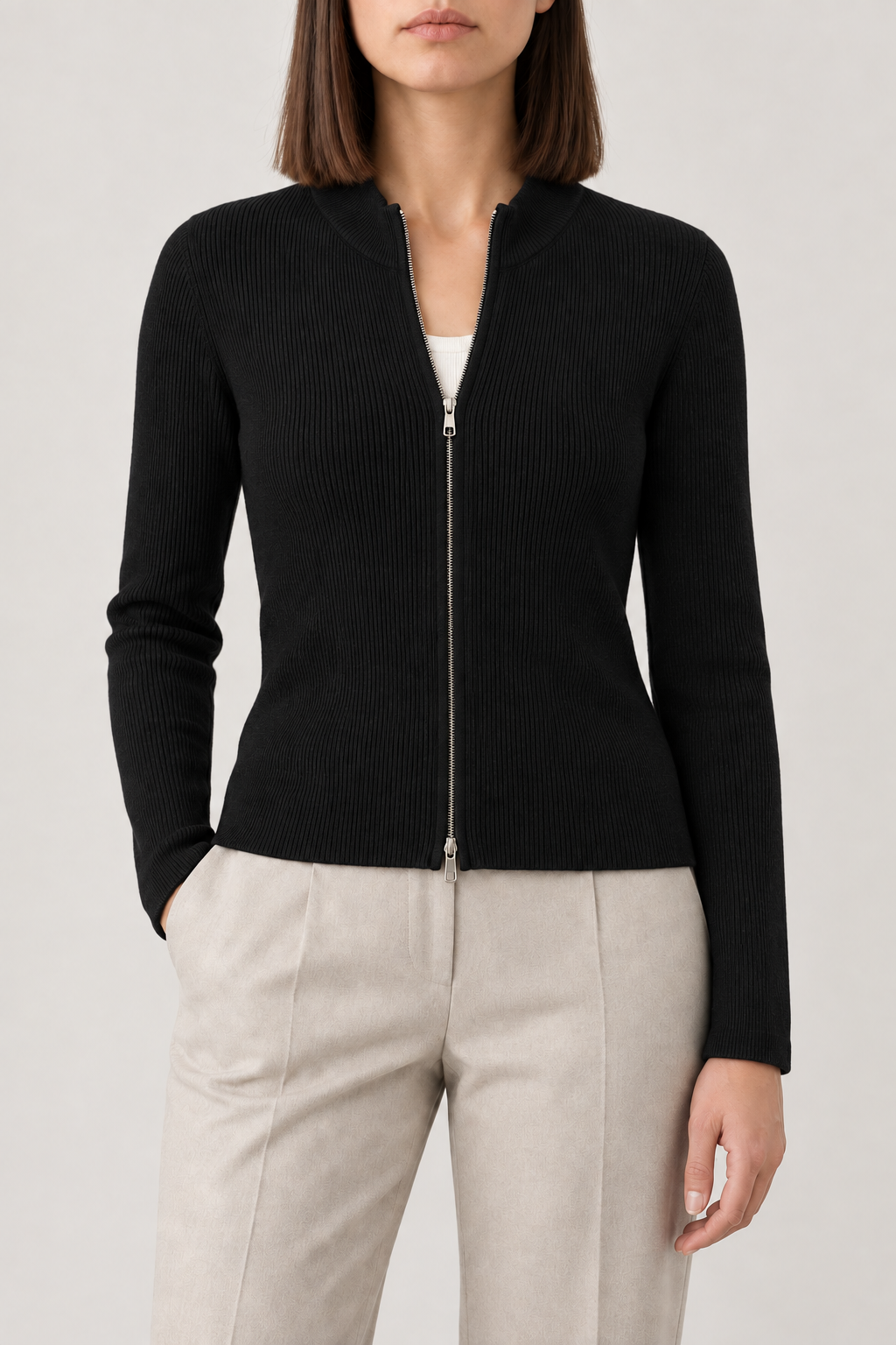 Merino Slim Zip Jacket, Black, front