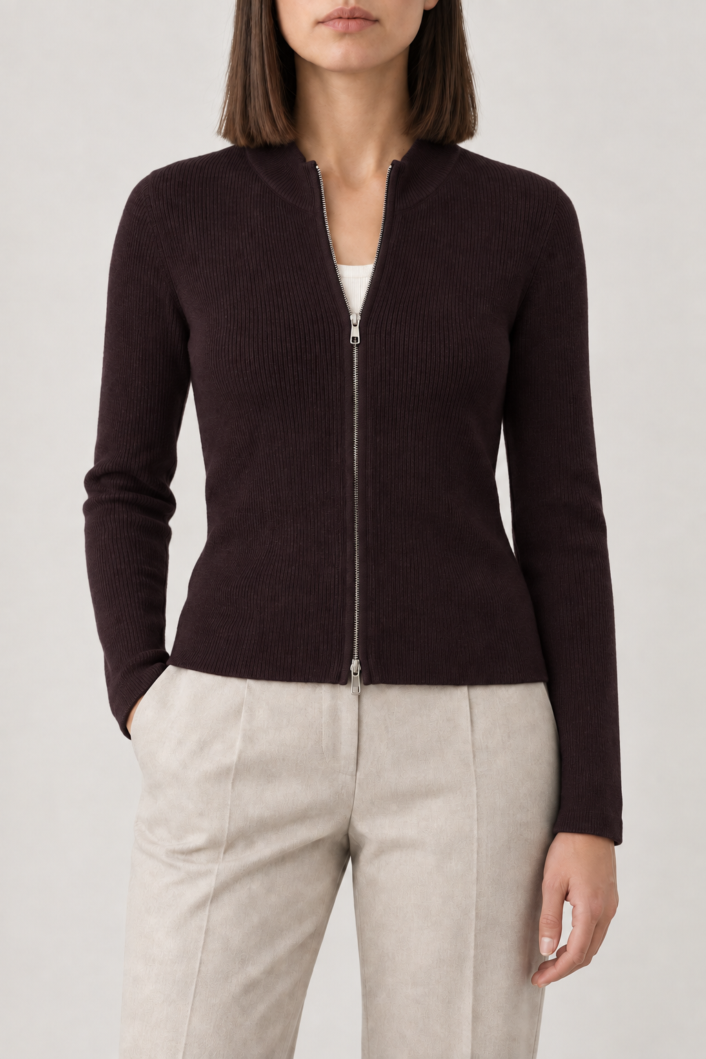 Merino Slim Zip Jacket, Ebony Brown, front