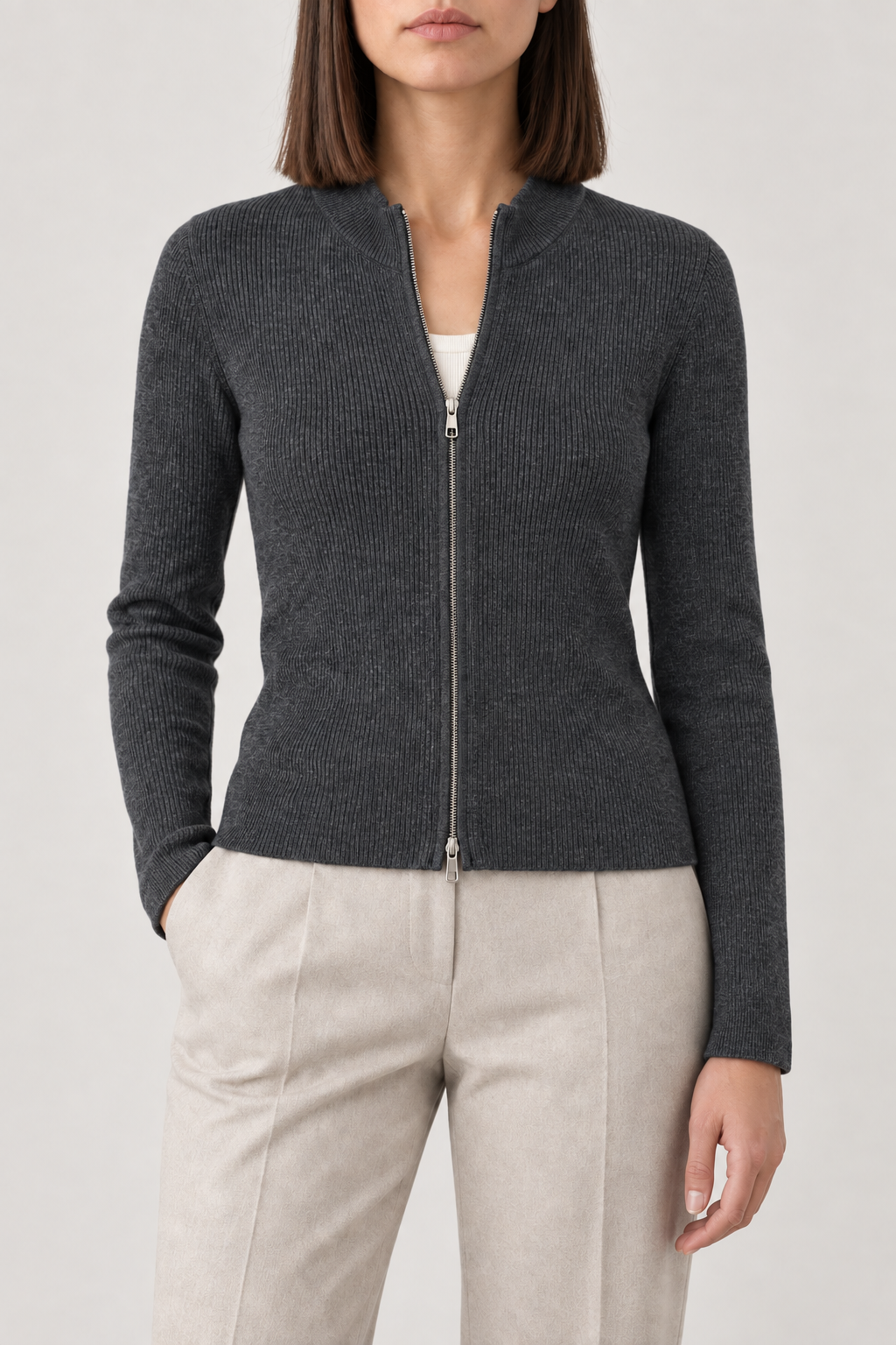 Merino Slim Zip Jacket, Dark Grey, front