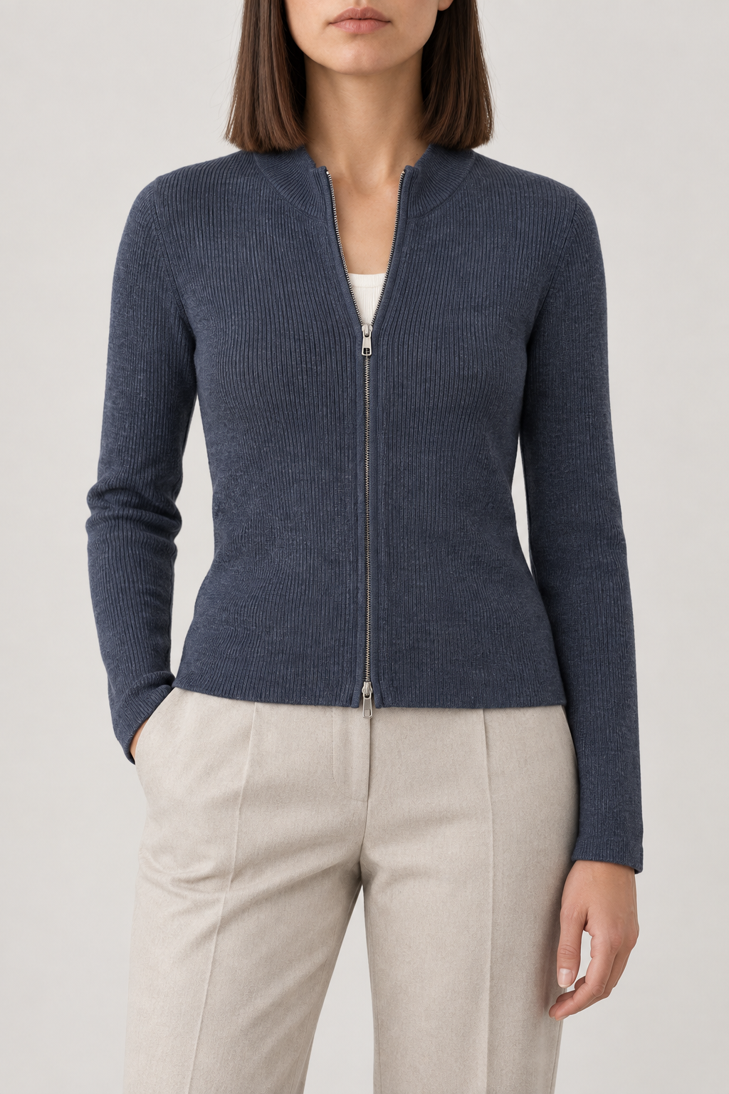 Merino Slim Zip Jacket, Denim Blue, front