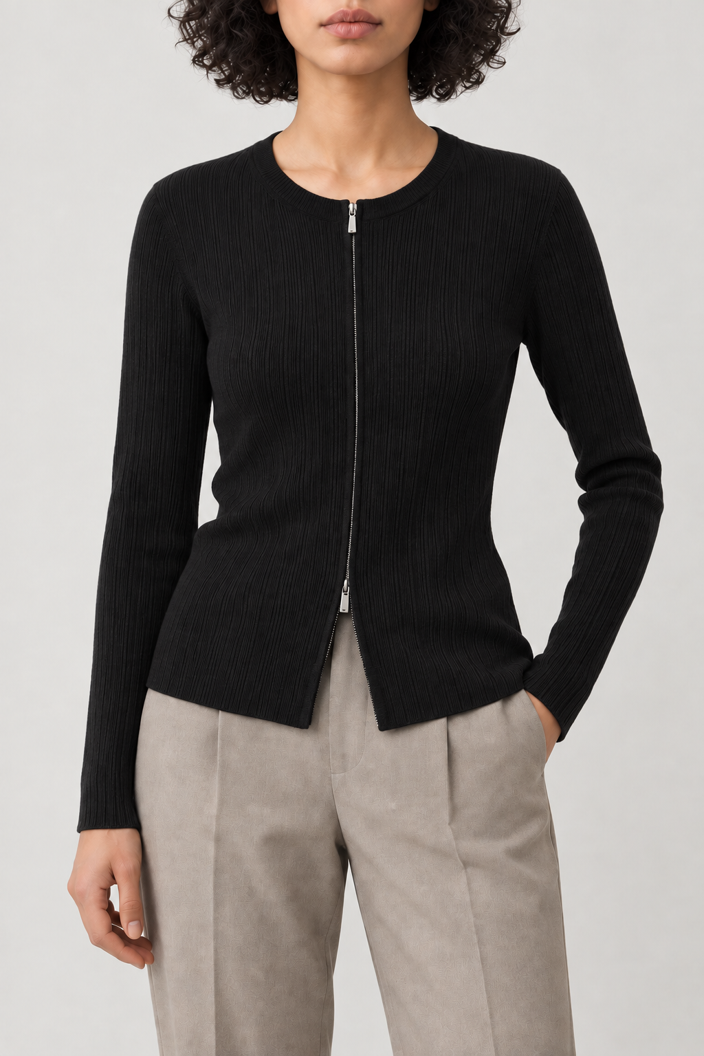 Merino Fitted Zip Jacket, Black, front