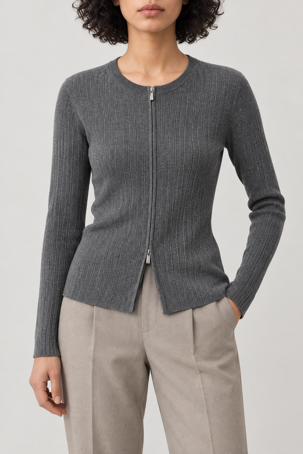 Merino Fitted Zip Jacket, Dark Grey, front