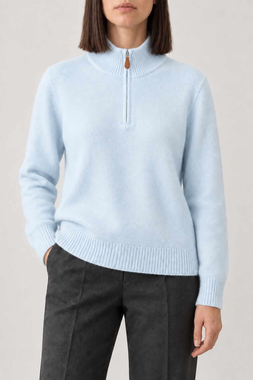 Cashmere Stand-Collar Half-Zip Sweater, Ice Blue, front