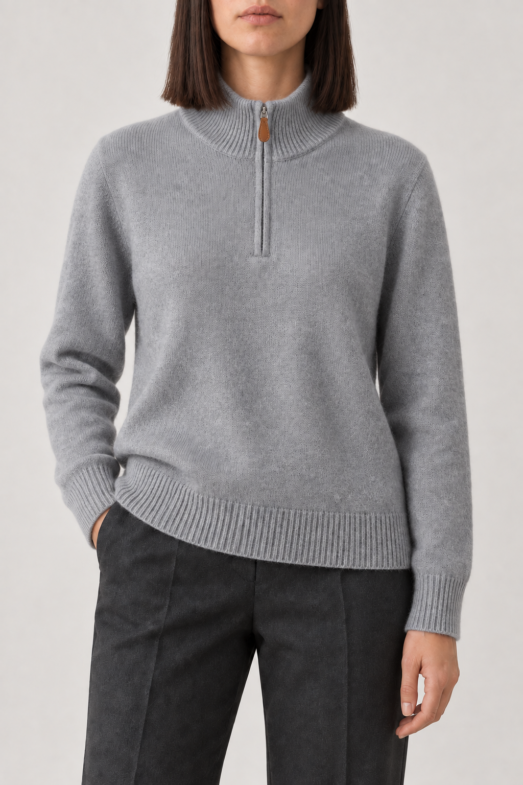 Cashmere Stand-Collar Half-Zip Sweater, Mid Grey, front