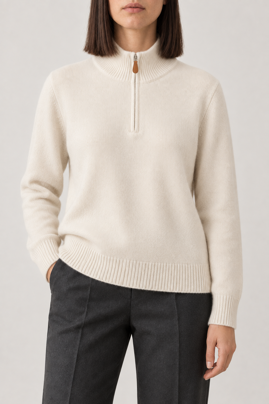 Cashmere Stand-Collar Half-Zip Sweater, Vanilla Ivory, front