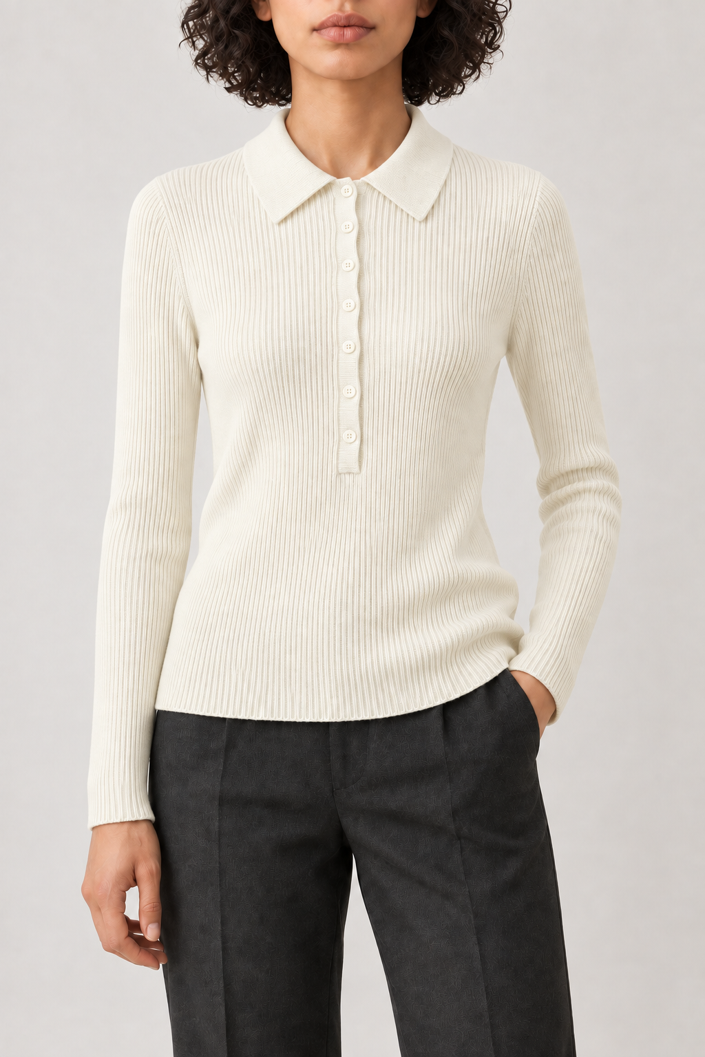 Merino Polo Pullover, Ivory, front