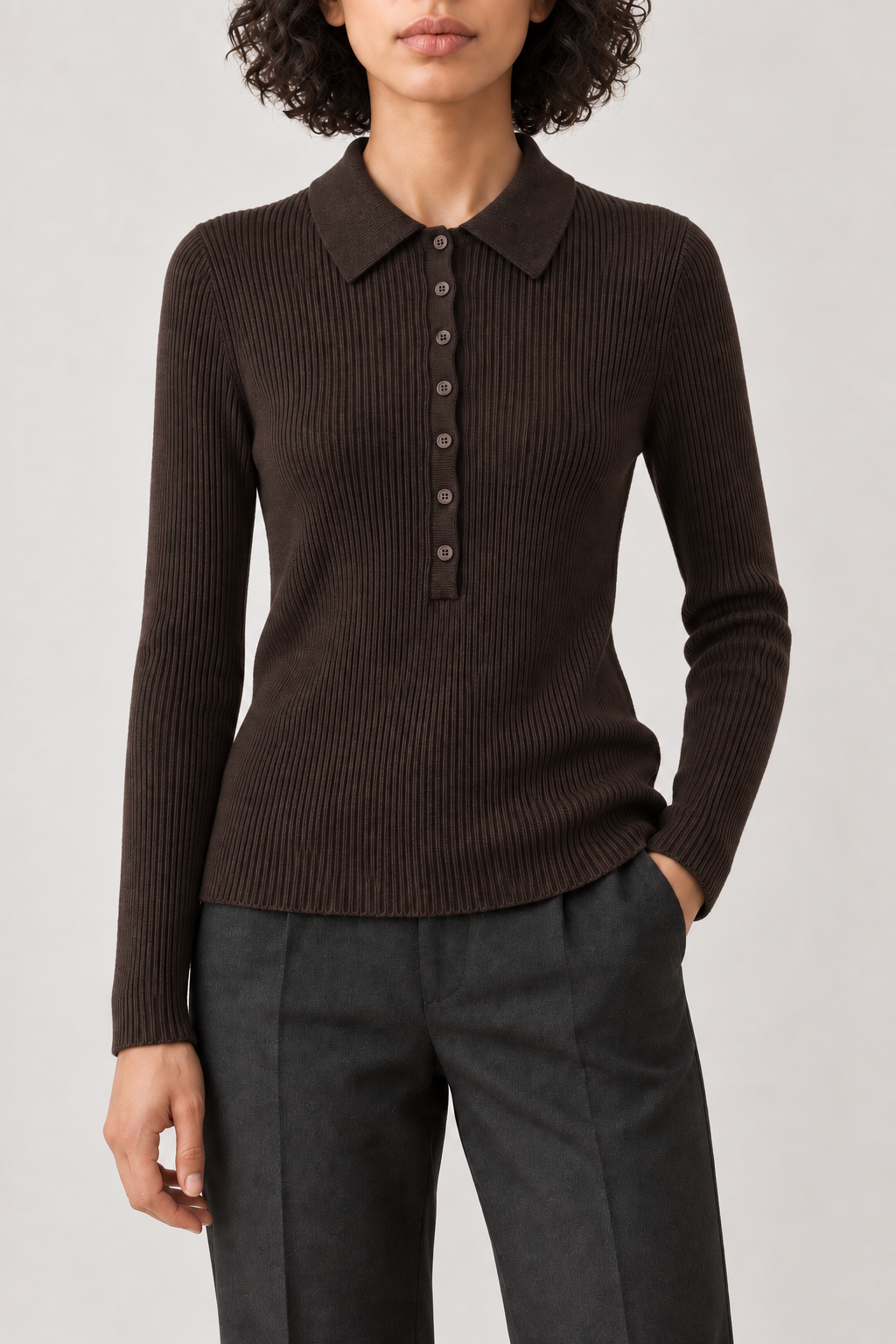Merino Polo Pullover, Coffee Brown, front