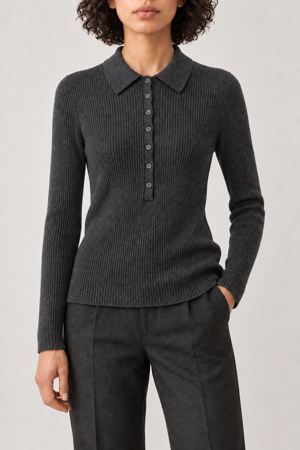 Merino Polo Pullover, Charcoal, front