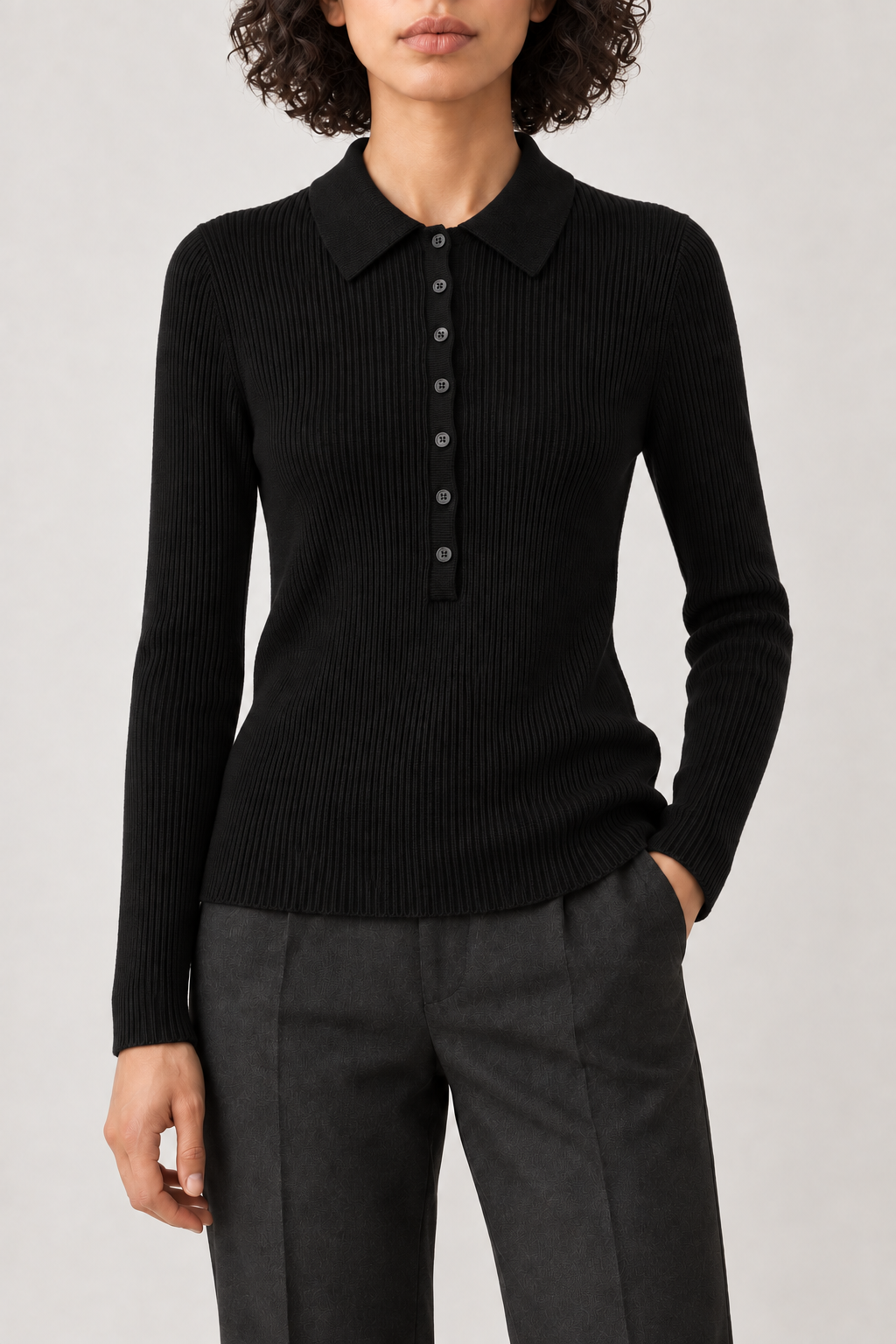Merino Polo Pullover, Black, front