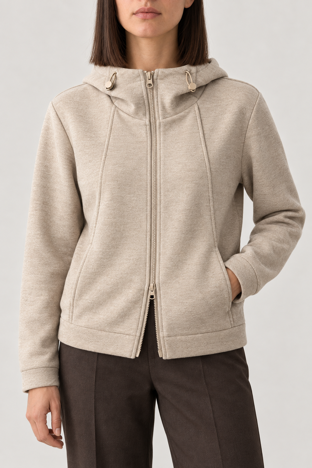 Merino Hooded Zip Jacket, Oatmeal Beige, front