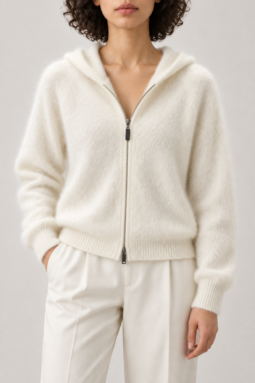 Brushed Zip Hoodie, Milky White, front