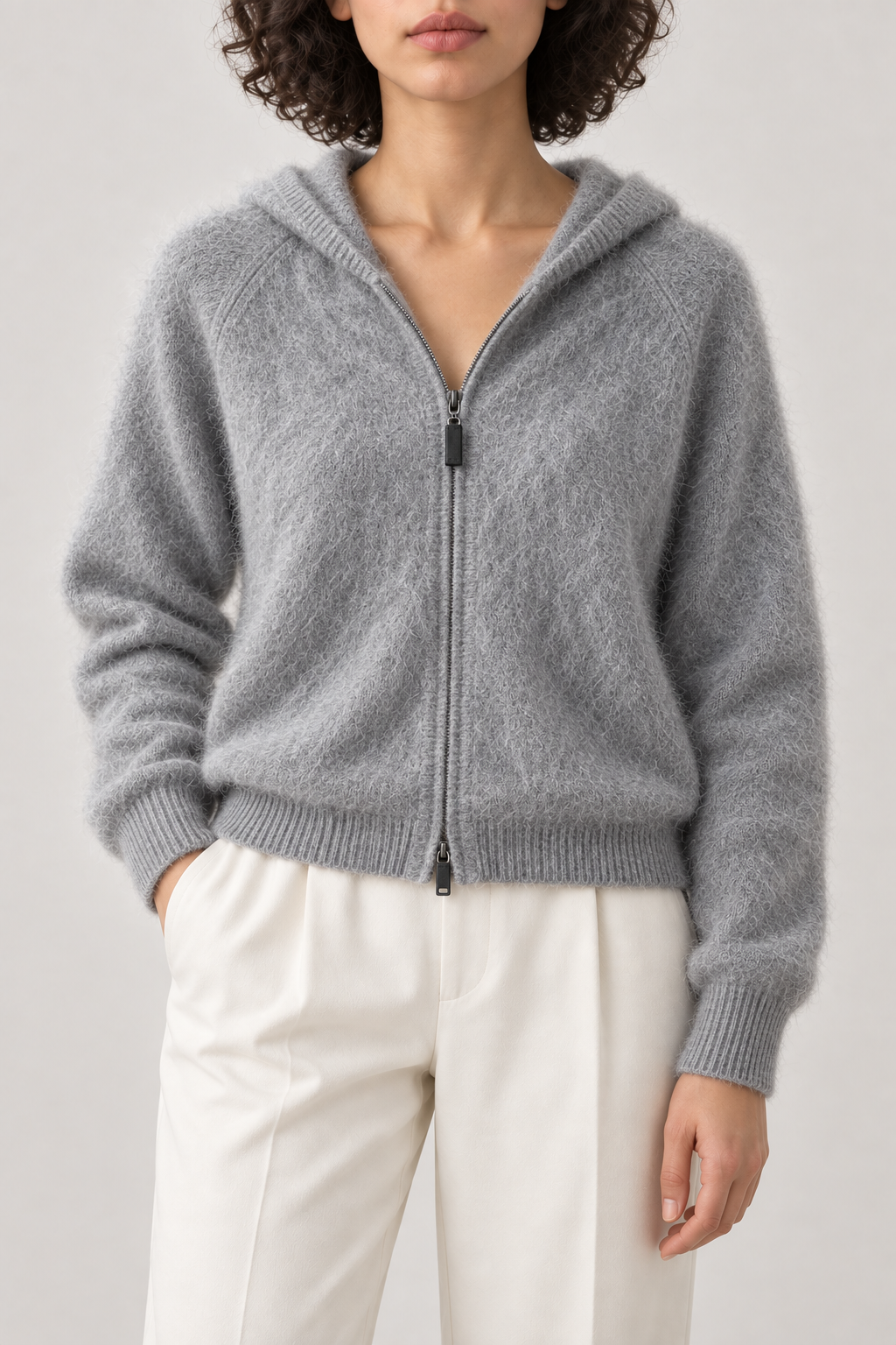 Brushed Zip Hoodie, Grey, front