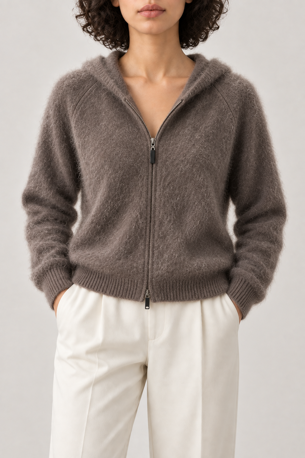 Brushed Zip Hoodie, Coffee, front
