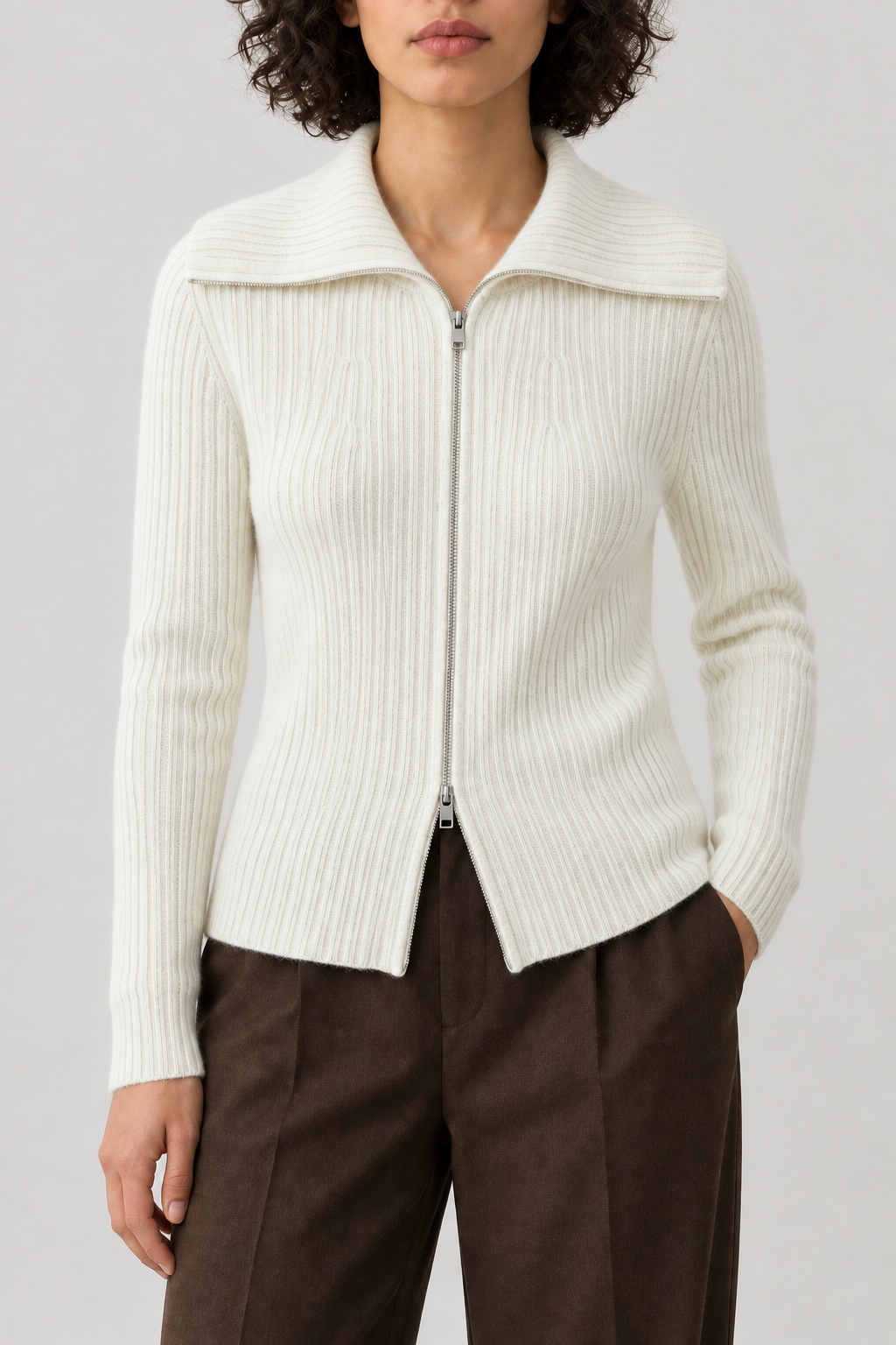 Cashmere Wide-Collar Zip Jacket, Ivory, front