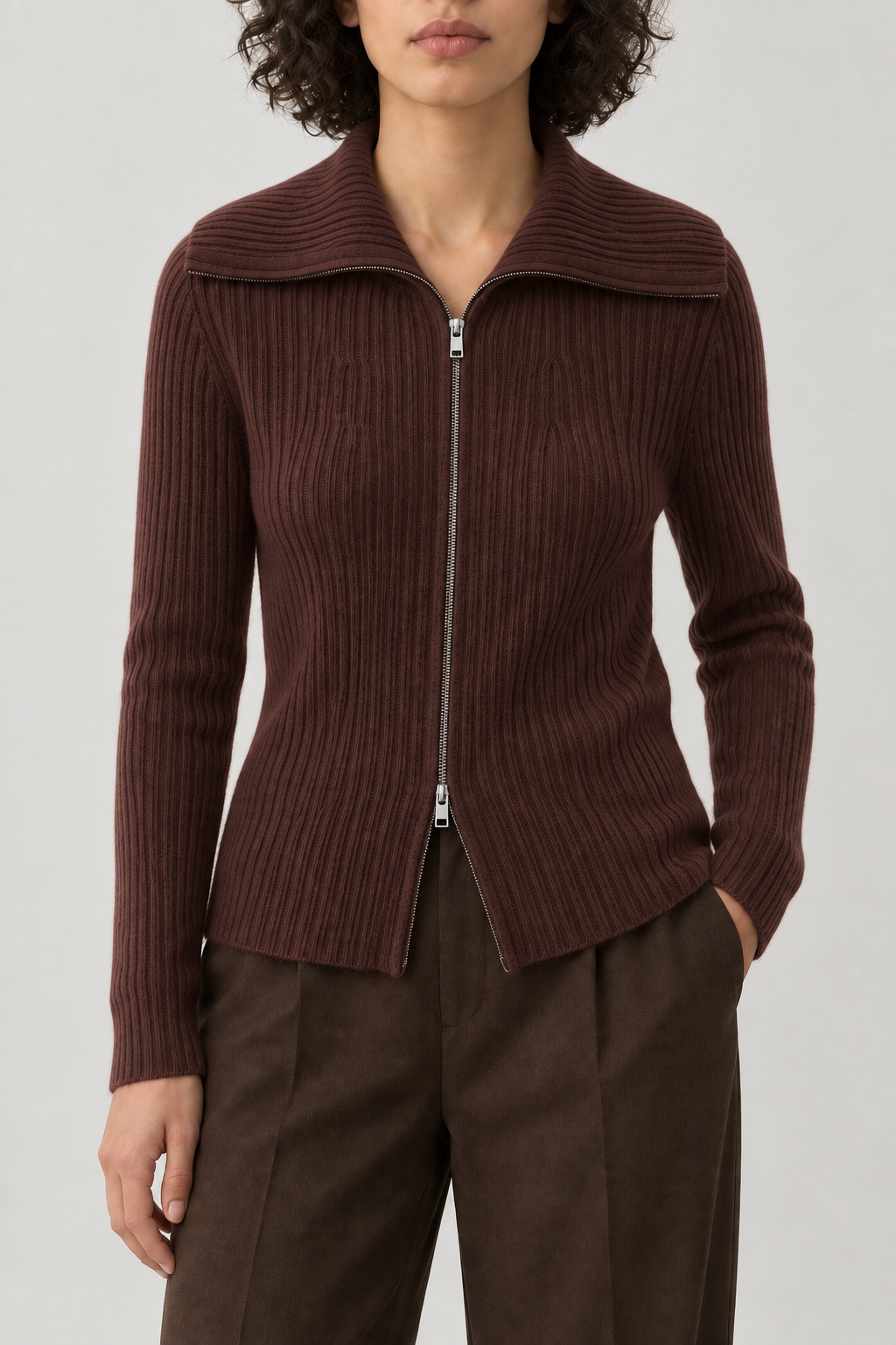 Cashmere Wide-Collar Zip Jacket, Red Brown, front