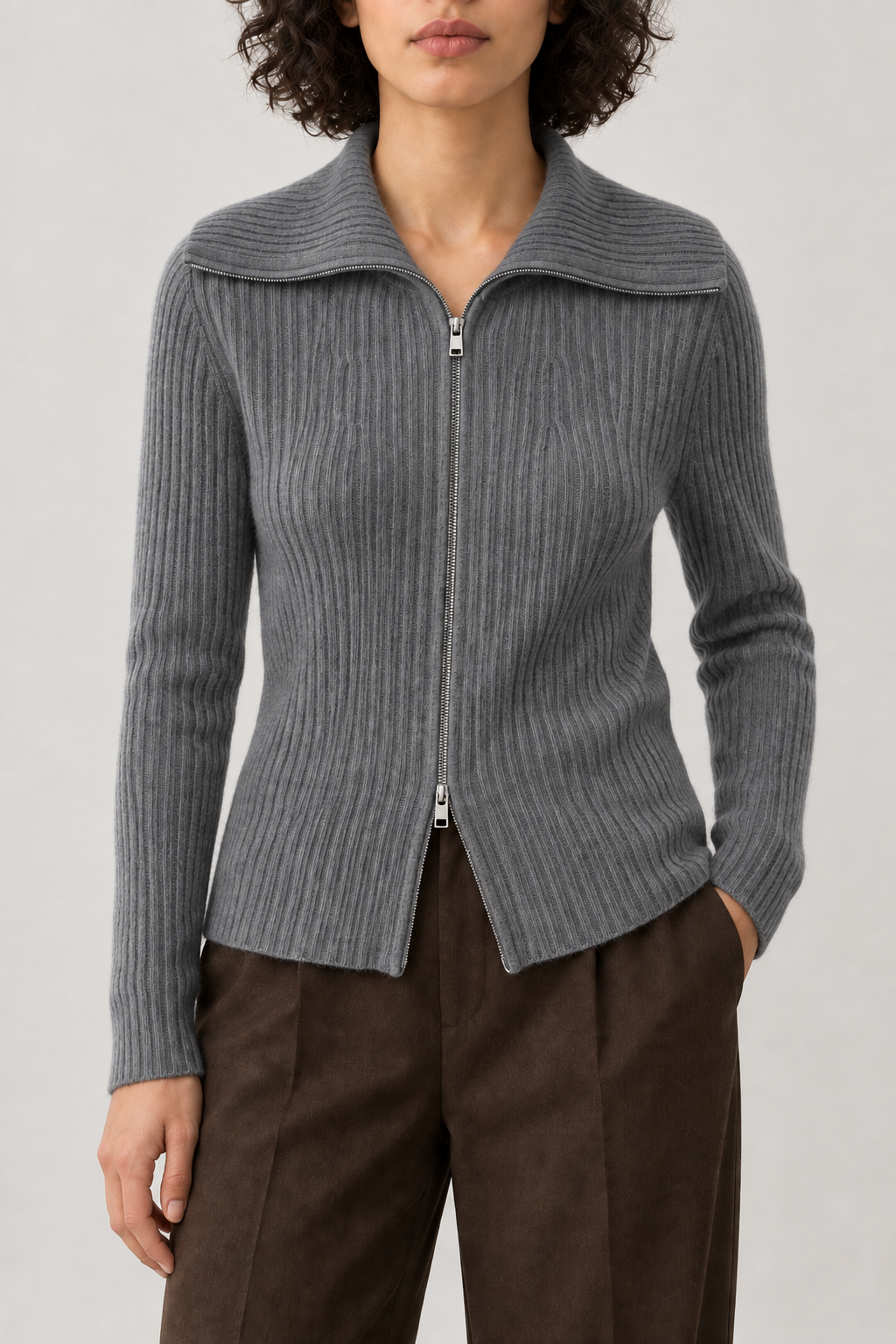 Cashmere Wide-Collar Zip Jacket, Slate Grey, front