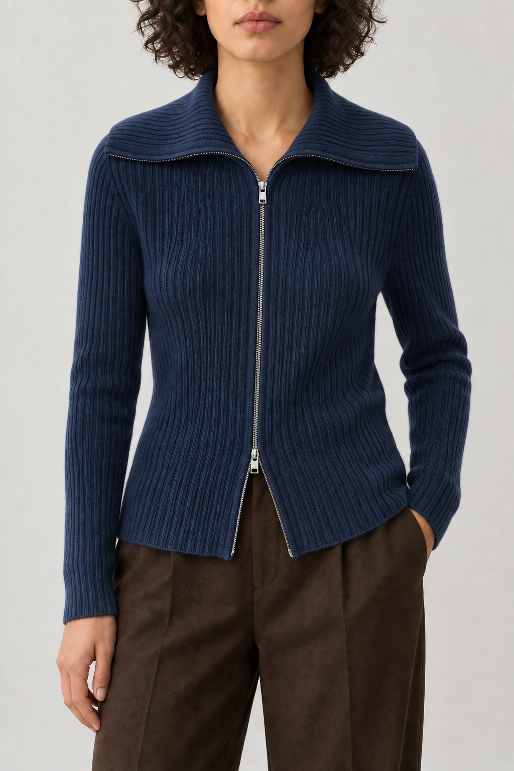 Cashmere Wide-Collar Zip Jacket, Navy Blue, front