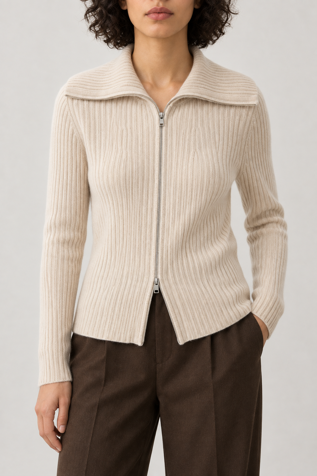 Cashmere Wide-Collar Zip Jacket, Oatmeal Beige, front