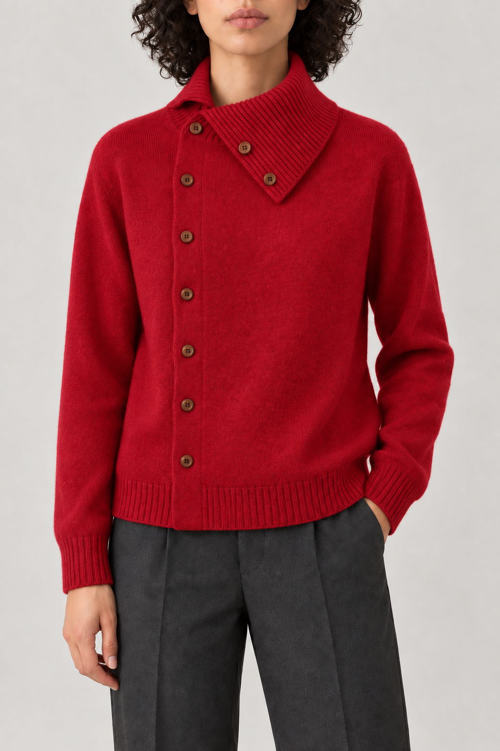 Cashmere Asymmetric-Placket Cardigan, Crimson Red, front