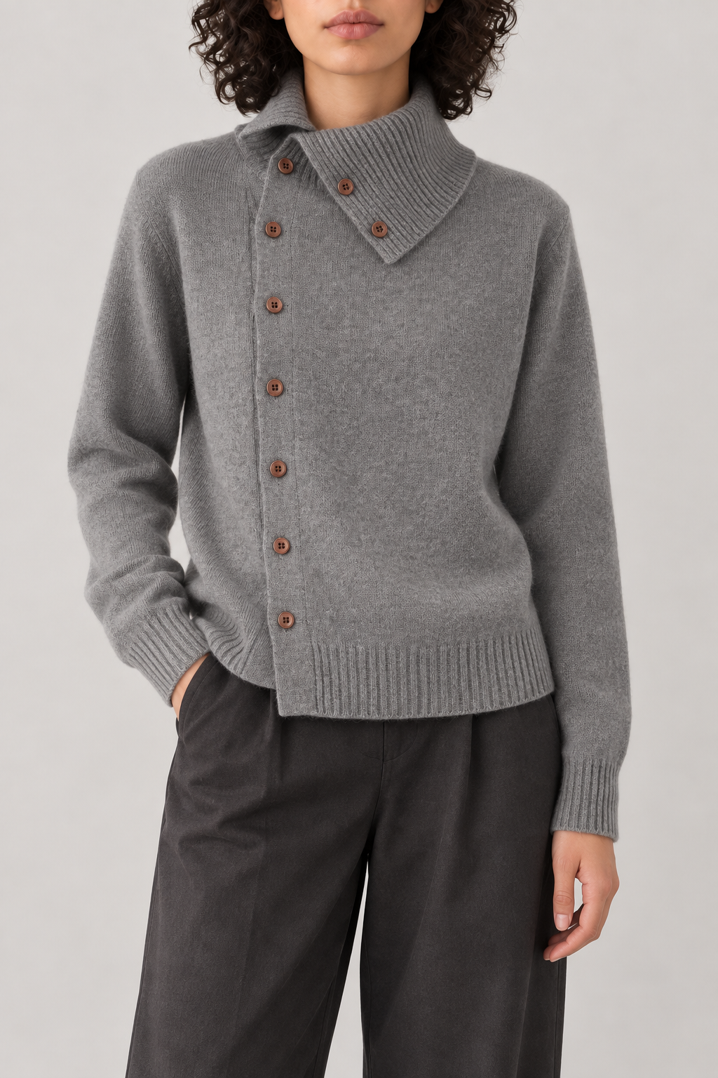 Cashmere Asymmetric-Placket Cardigan, Medium Grey, front