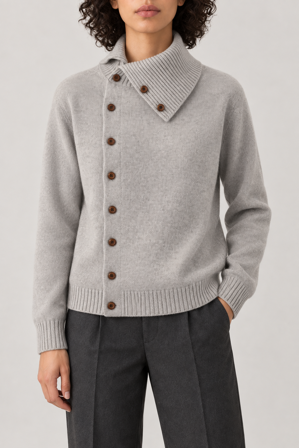Cashmere Asymmetric-Placket Cardigan, Light Grey, front