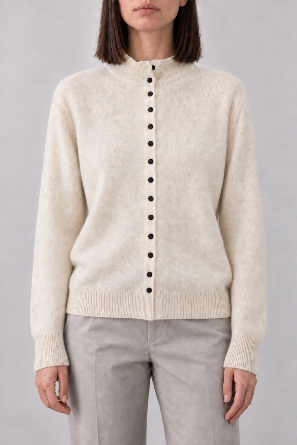 Cashmere Stand-Collar Cardigan, Ivory, front