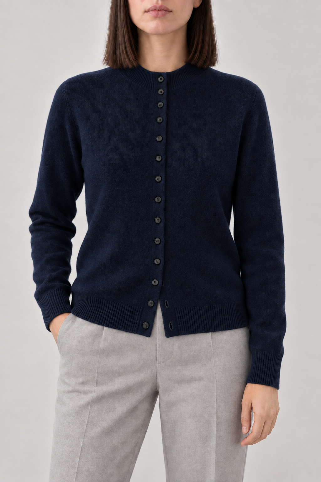 Cashmere Stand-Collar Cardigan, Navy, front
