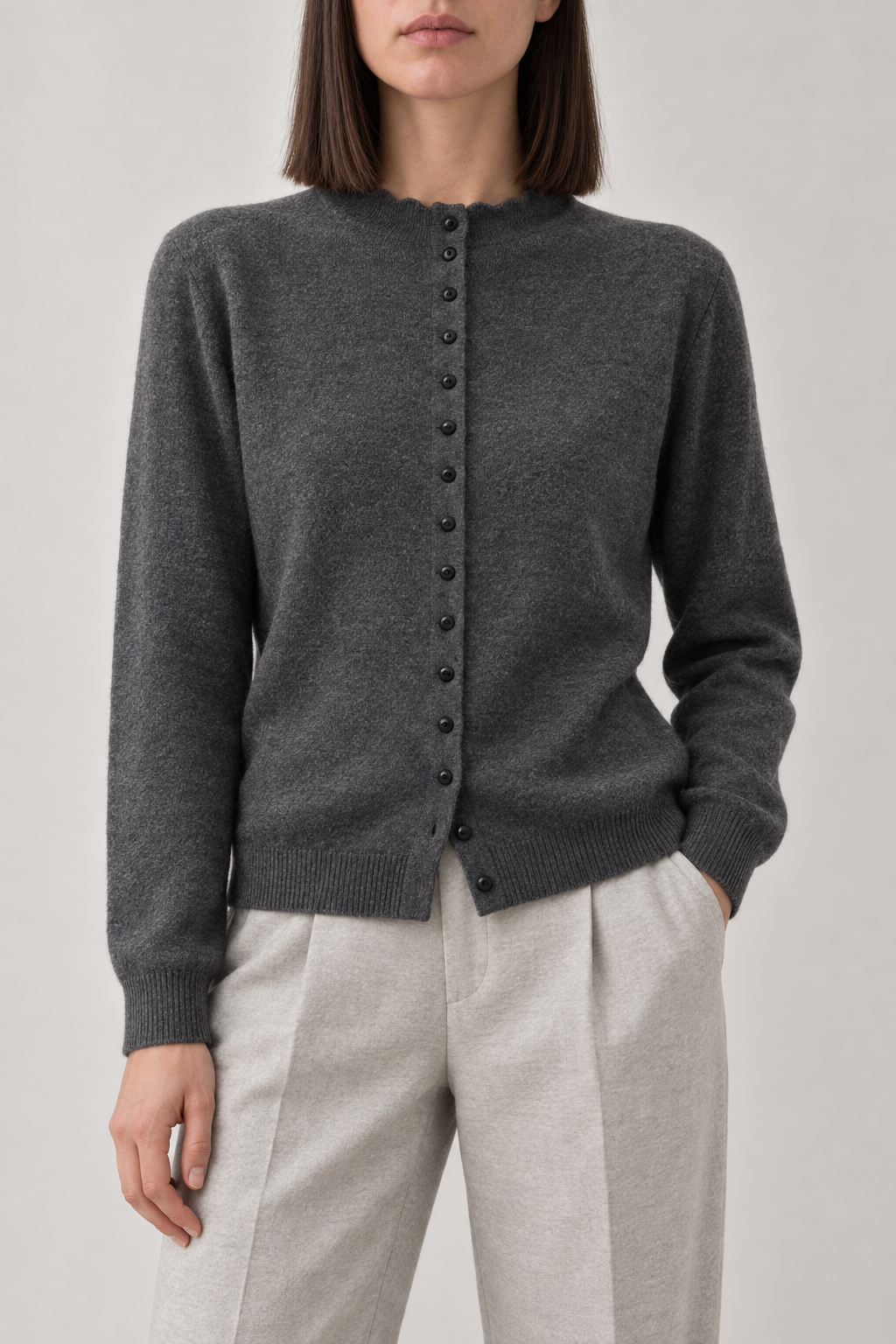Cashmere Stand-Collar Cardigan, Dark Grey, front