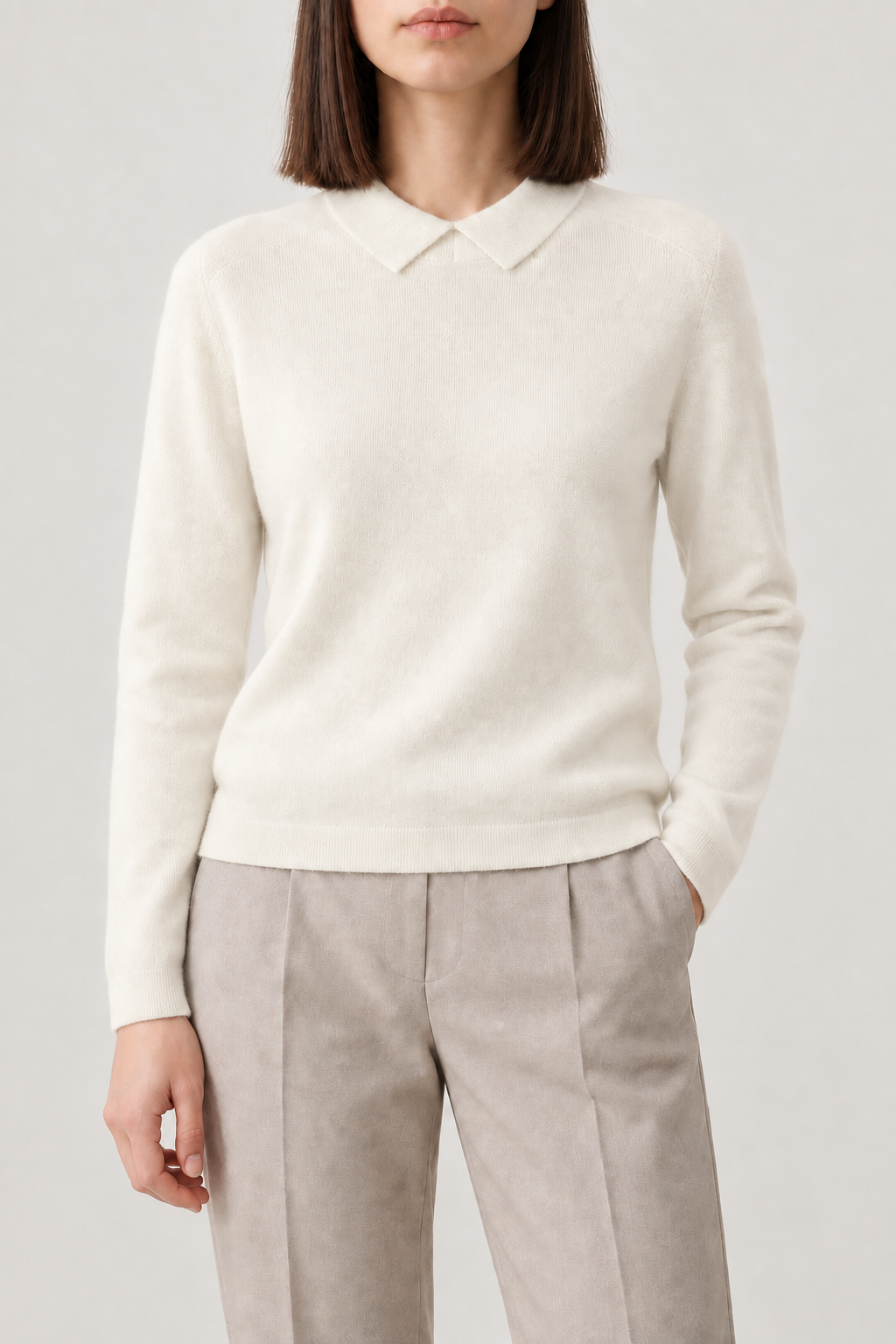 Merino Polo Pullover, Cream White, front