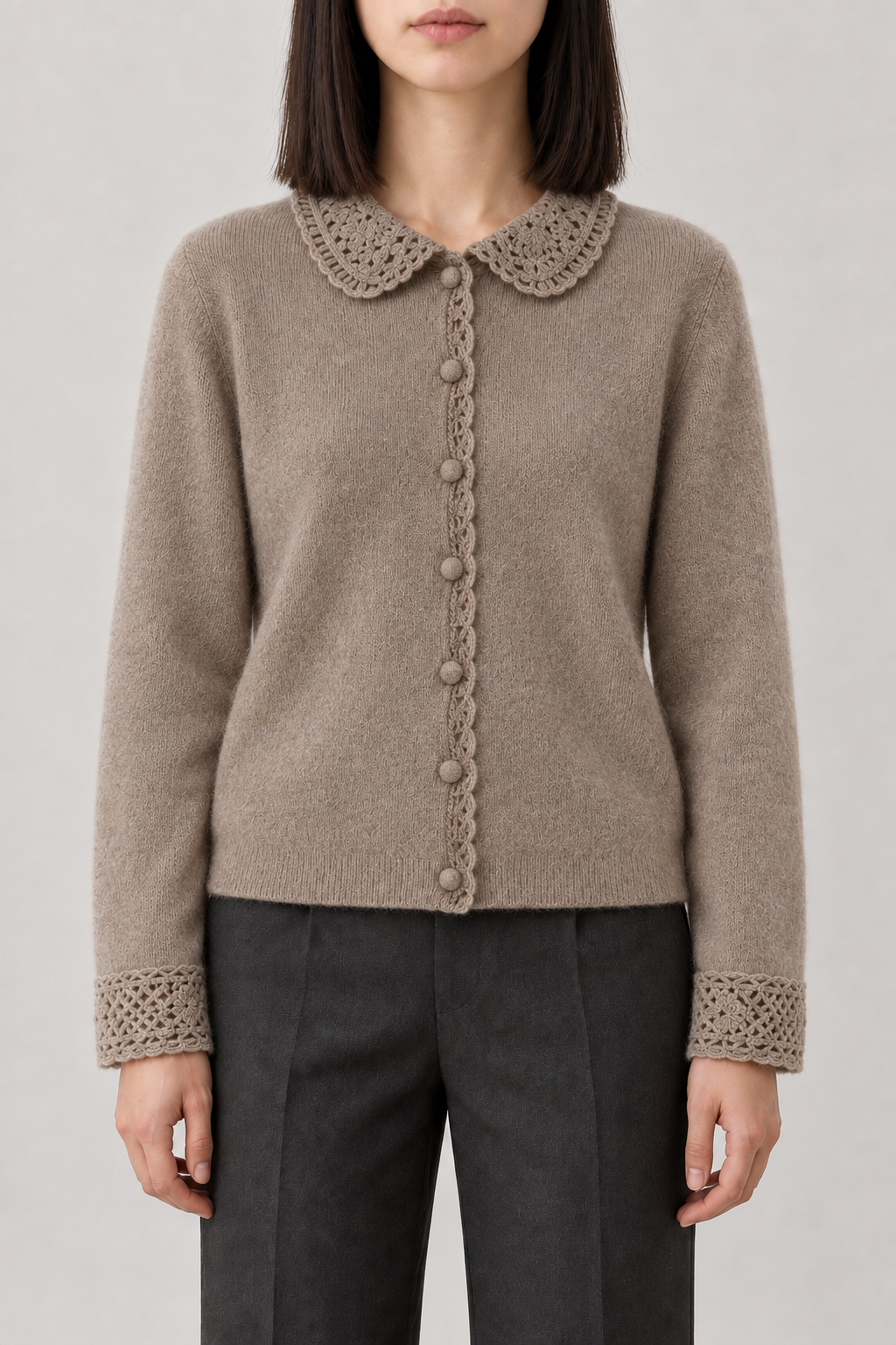 Cashmere Lace-Trim Cardigan, Taupe, front