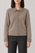 Cashmere Lace-Trim Cardigan, Taupe, front