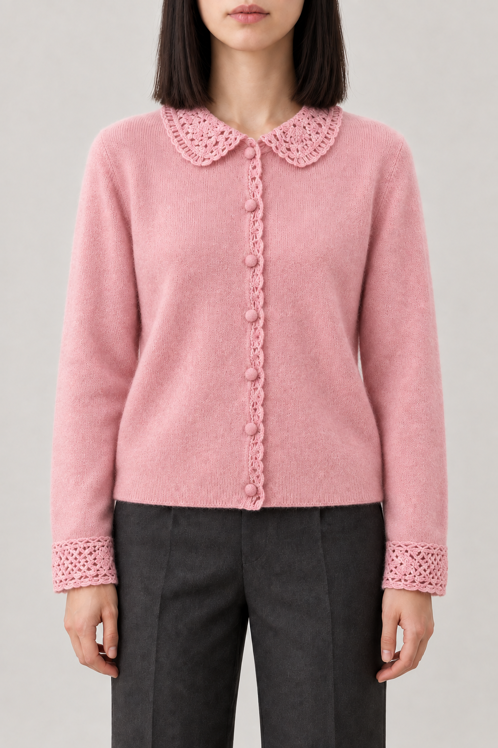 Cashmere Lace-Trim Cardigan, Rose Pink, front